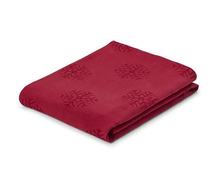 Hajtogatott piros jacquard asztalterítő hópehely mintával, normál és extra méretben.