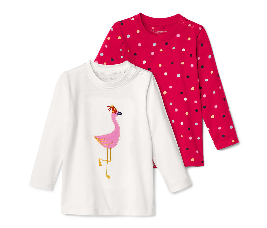 Két hosszú ujjú gyerek póló. Egy fehér, flamingós, egy piros, pöttyös.