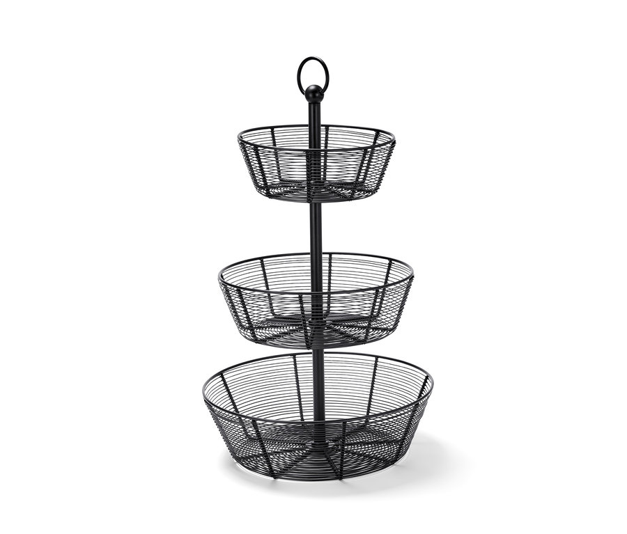 Fekete, háromkosaras, emeletes kínáló fehér háttérrel.