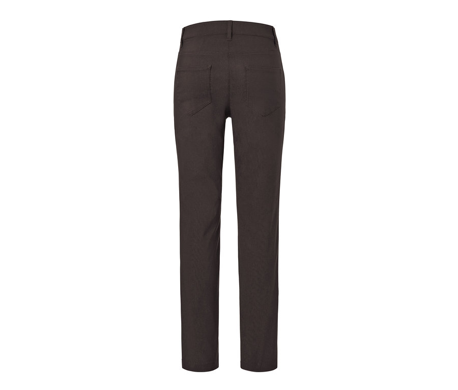 Egy sötétbarna női bengalin nadrág hátulnézete.