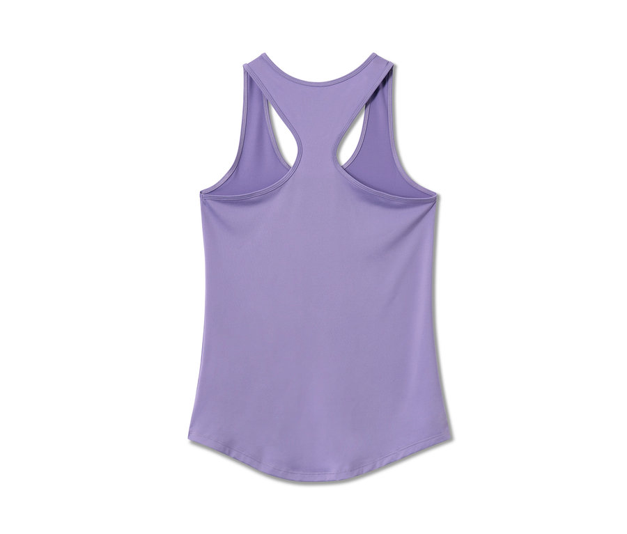 Egy lila színű sporttop részletes nézete hátulról, egy kétrészes szettből.