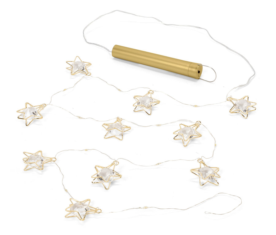 Füzér tíz csillaggal, arany huzalkerettel és átlátszó kövekkel, valamint egy arany elemtartóval.