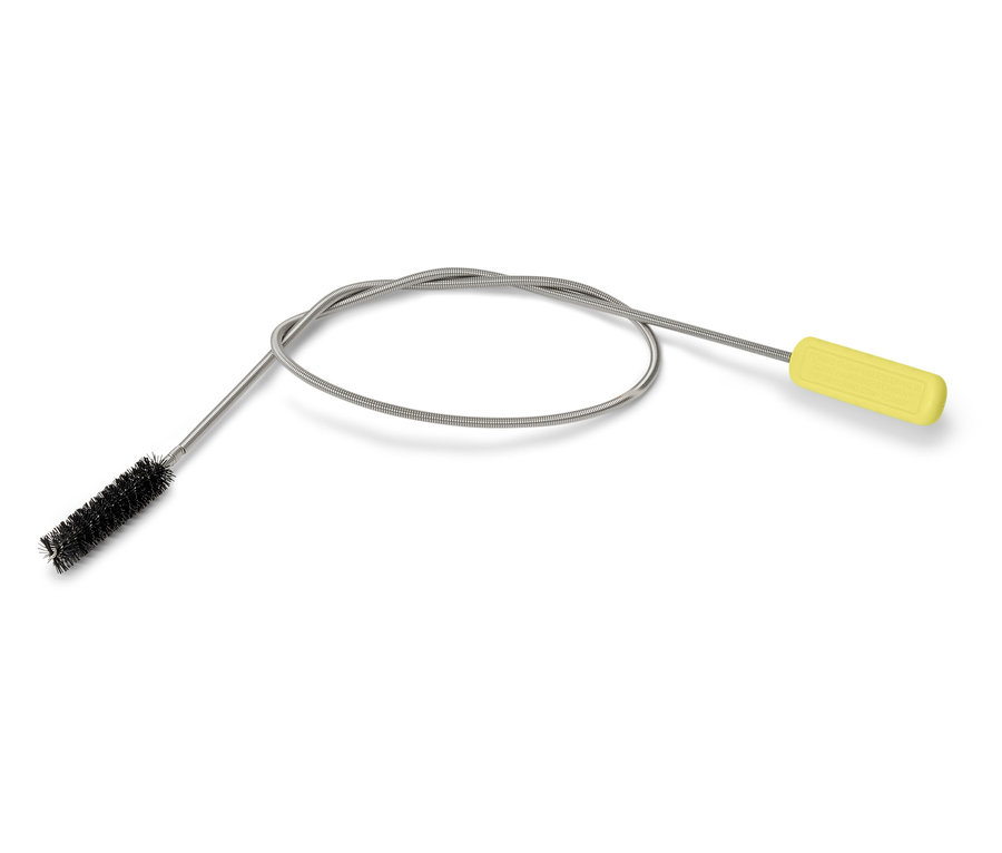 Rugalmas tisztítókefe sárga nyéllel és fekete kefefejjel fehér háttéren.