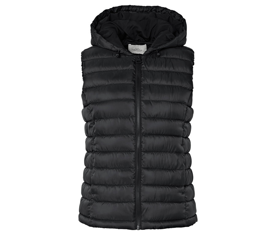 Női steppelt mellény, kapucnis, fekete