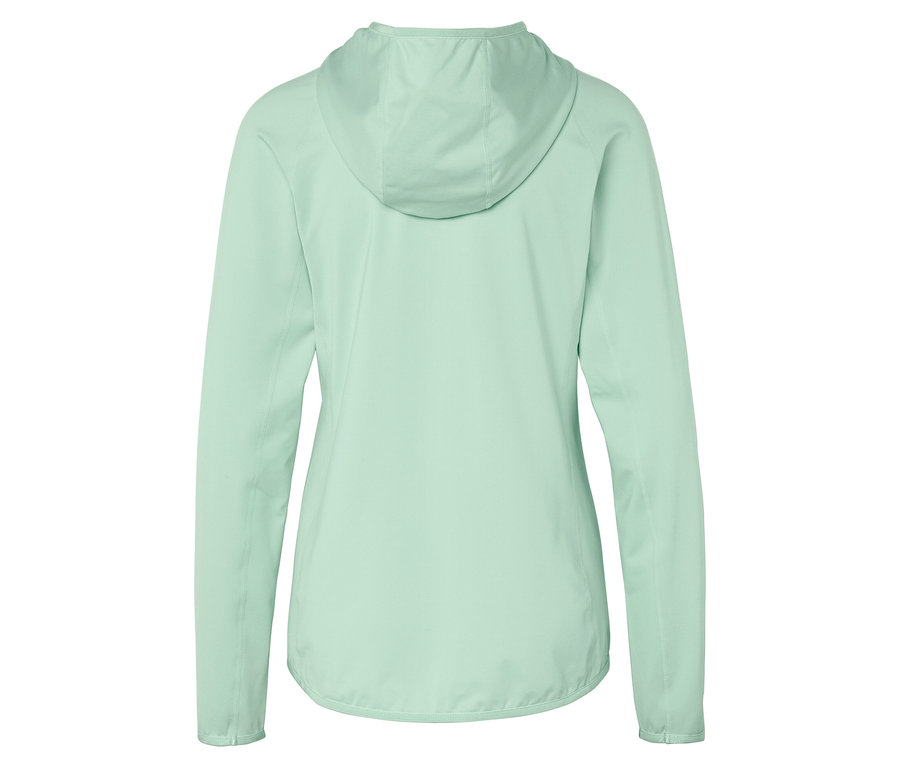 Hátulnézet egy világoszöld kapucnis kabátról.