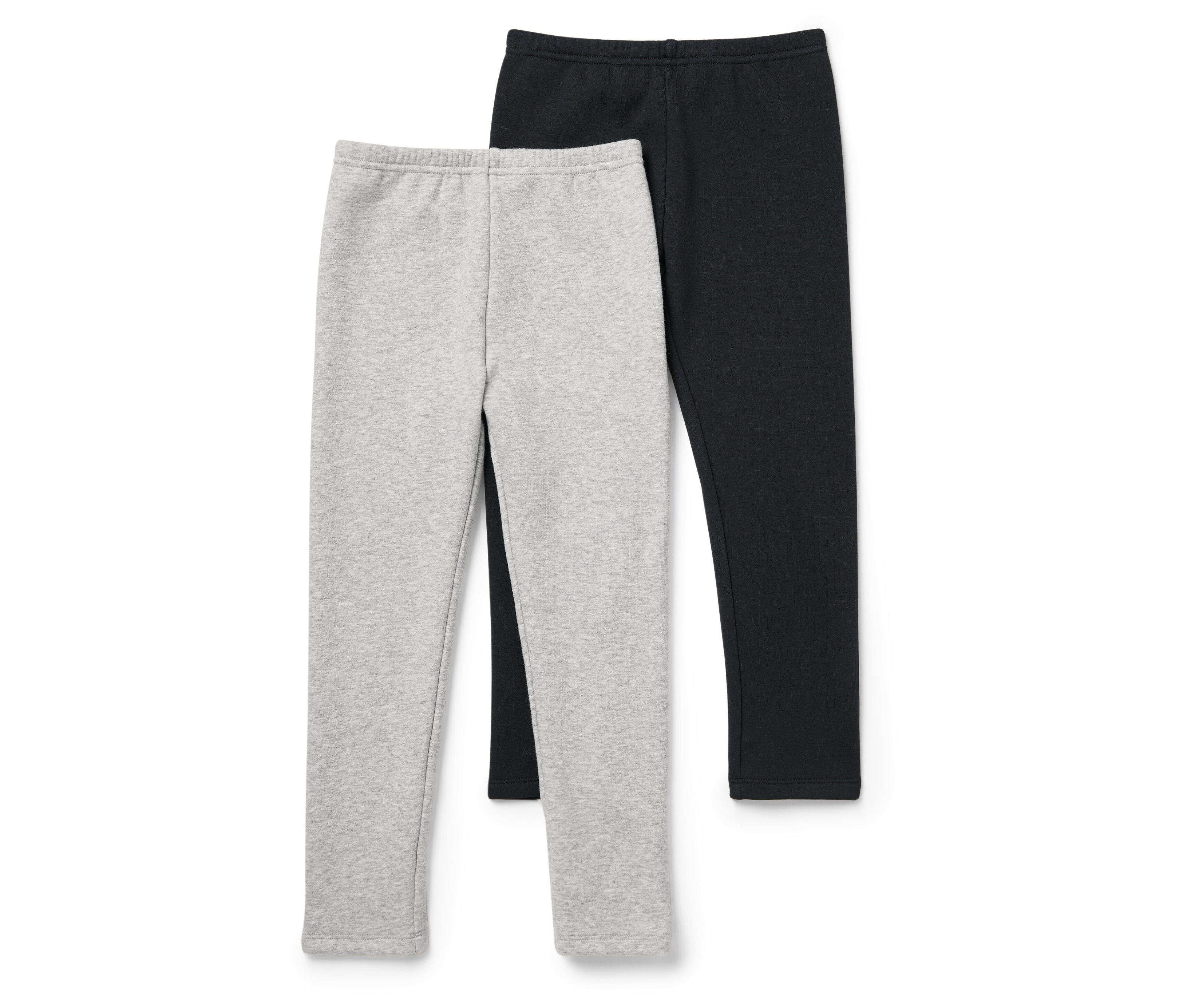 Két leggings, egy szürke és egy fekete, egymás mellett fekszik fehér háttérrel.