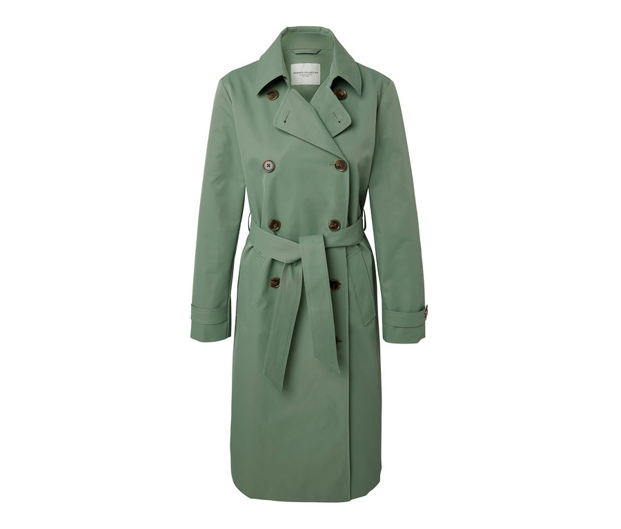 Világoszöld ballonkabát övvel és barna gombokkal.