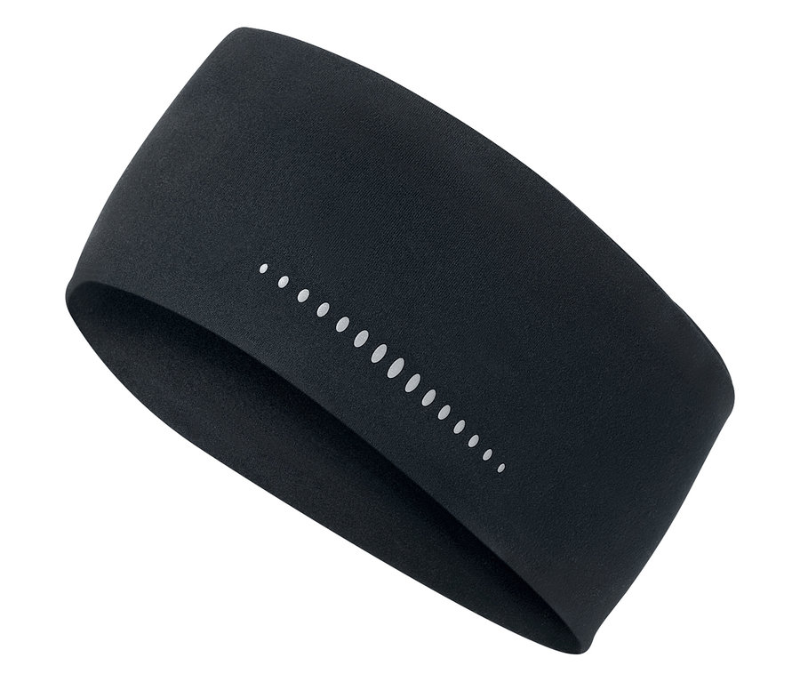 Fekete sport fejpánt fényvisszaverő pontokkal, fehér háttéren.