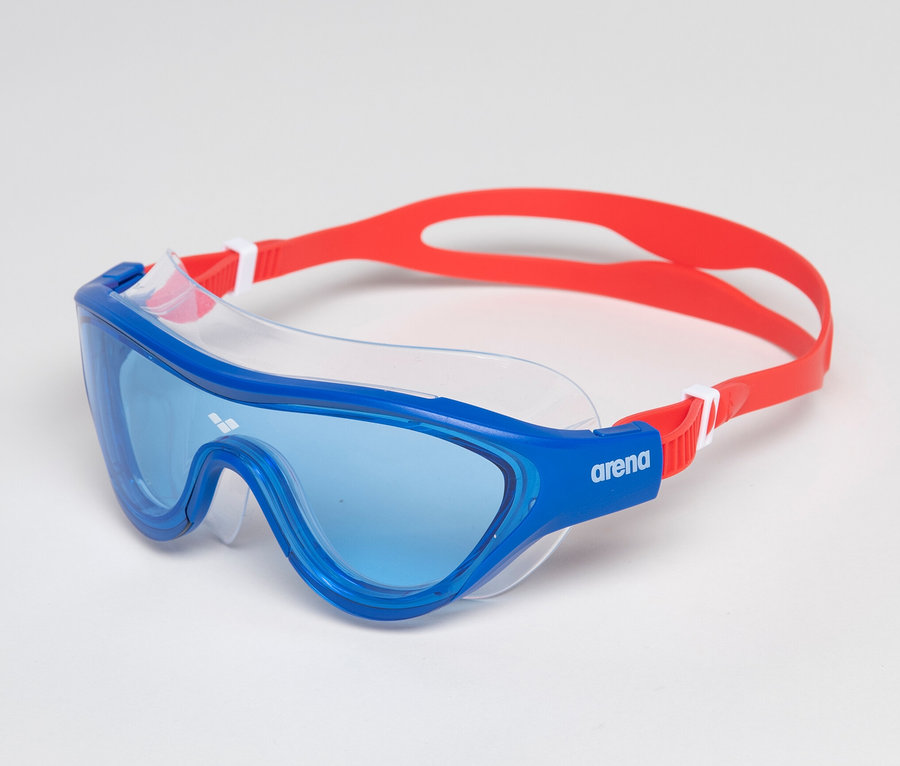 Kék arena Junior The One Mask úszószemüveg gyerekeknek, fehér háttérrel.