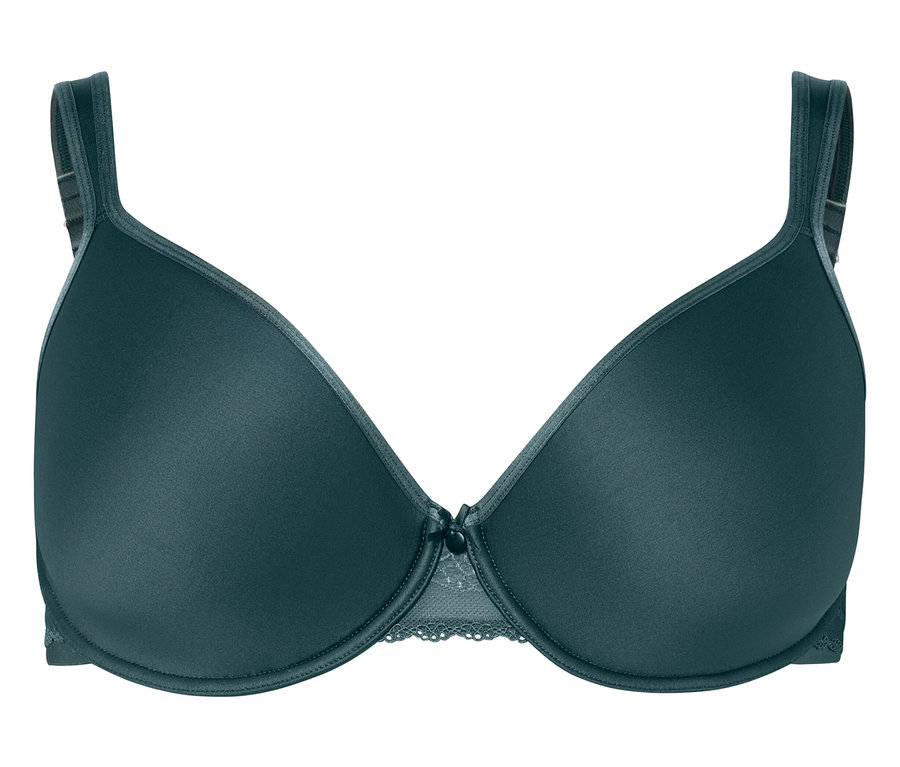 Sötétzöld merevítős melltartó csipkés szegéllyel.