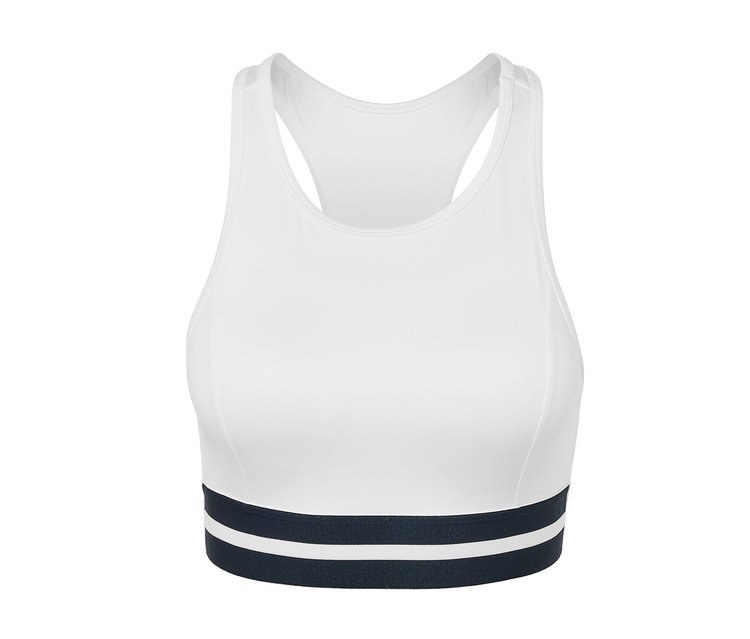 Fehér »Crop Top« sportmelltartó sötétkék csíkkal alul.