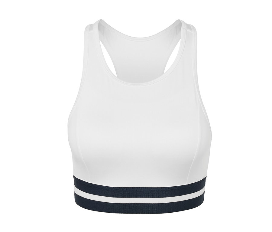 Fehér »Crop Top« sportmelltartó sötétkék csíkkal alul.