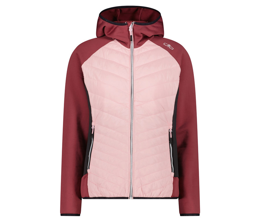 Rózsaszín-bordó cipzáras, kapucnis dzseki.