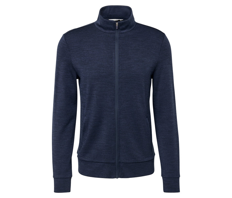 Sötétkék, cipzáras funkcionális dzseki RWS minősített gyapjúval.