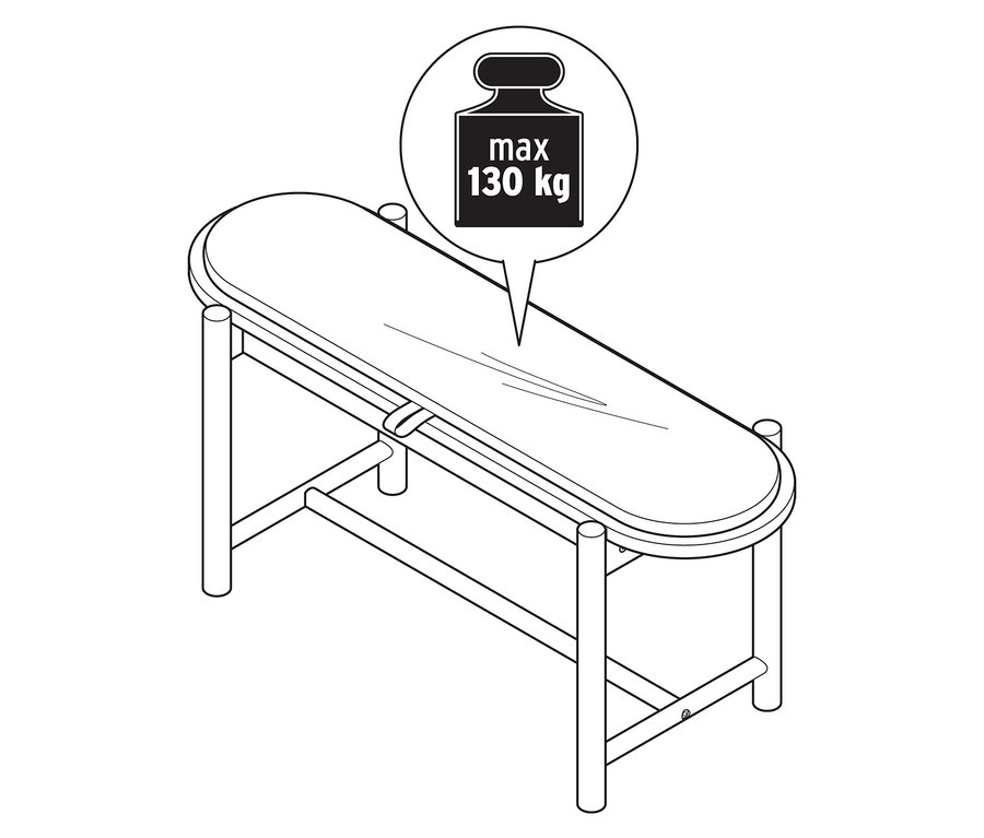 Egy ovális pad rajza, melynek maximális terhelhetősége 130 kg.