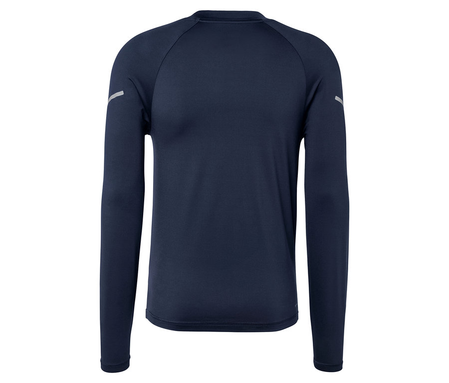 Egy sötétkék, hosszú ujjú póló részlete, fényvisszaverő elemekkel.