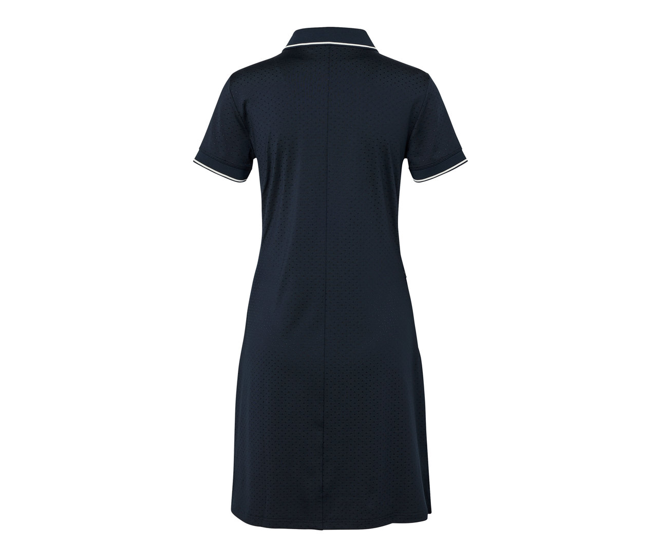 Sötétkék sportruha fehér szegéllyel a galléron és az ujjakon.