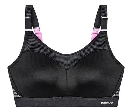 Fekete TRIUMPH Triaction Control Lite W01X kicsinyítő sportmelltartó rózsaszín részletekkel a pántokon.