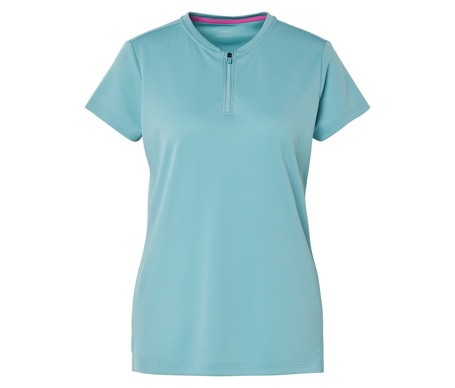 Világoskék, rövid ujjú póló rövid cipzárral.