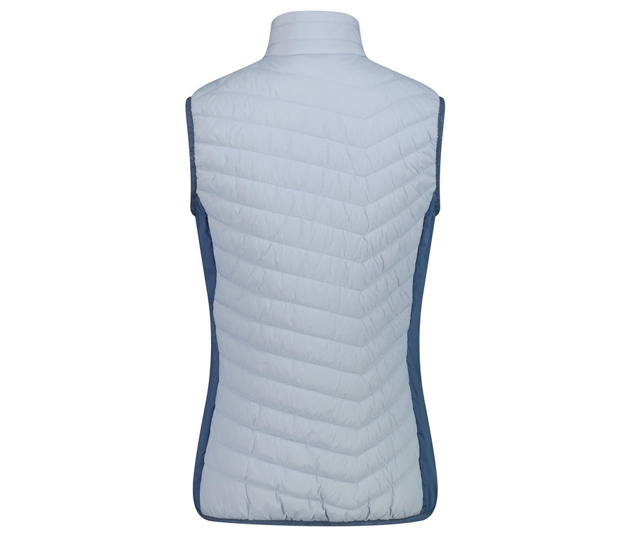 Hátulnézet egy világoskék, steppelt mellényről sötétkék oldalakkal.