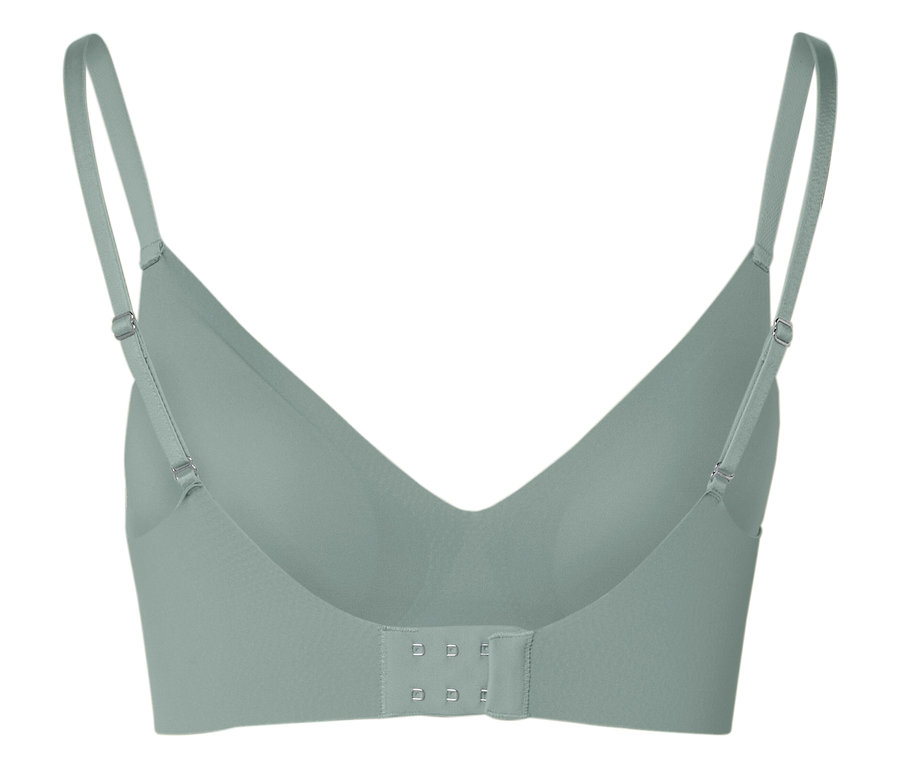 Világoszöld melltartó hátulnézete, állítható pántokkal és kapcsos zárással.