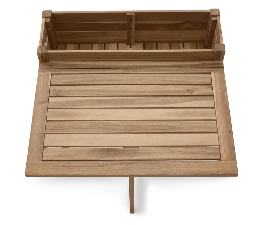 Felülnézet egy téglalap alakú fa asztalra, hátulján fa tárolódobozzal, az asztalnak egyetlen támasztéka van.