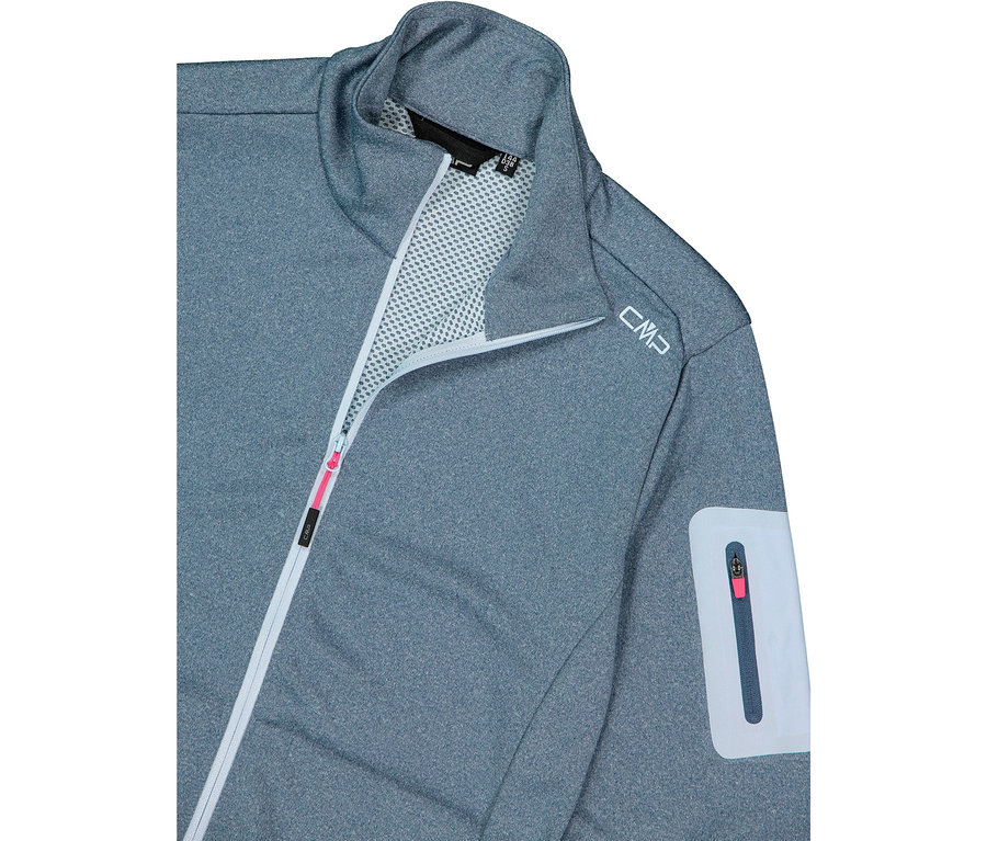 Egy szürke CMP dzseki közeli képe cipzárral és zsebbel az ujján.