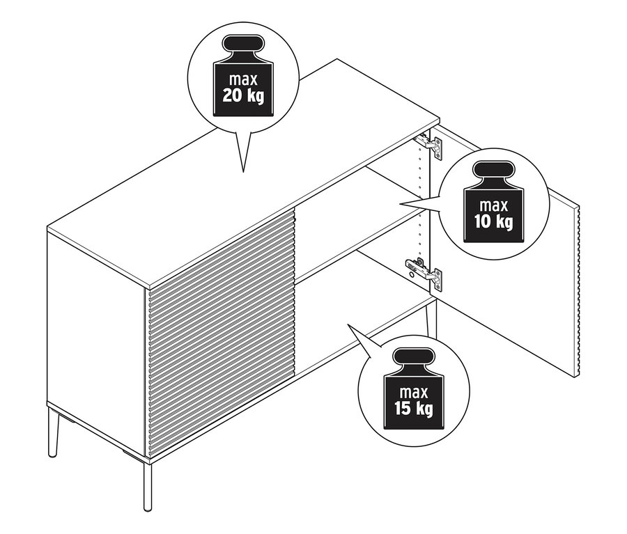 A lamellás hatású »REET« alacsony komód vázlata, a maximális súlyra vonatkozó információkkal.