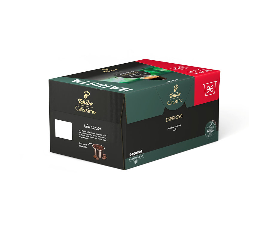 Zöld és piros Tchibo Cafissimo BARISTA Espresso Brasil kávékapszula doboz 96 kapszulával, enyhén nyitva, egy kapszulát mutatva.