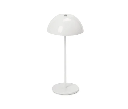 Fehér LED-es akkus asztali lámpa kupola alakú búrával, vékony szárral és kerek talppal, fehér háttér előtt.