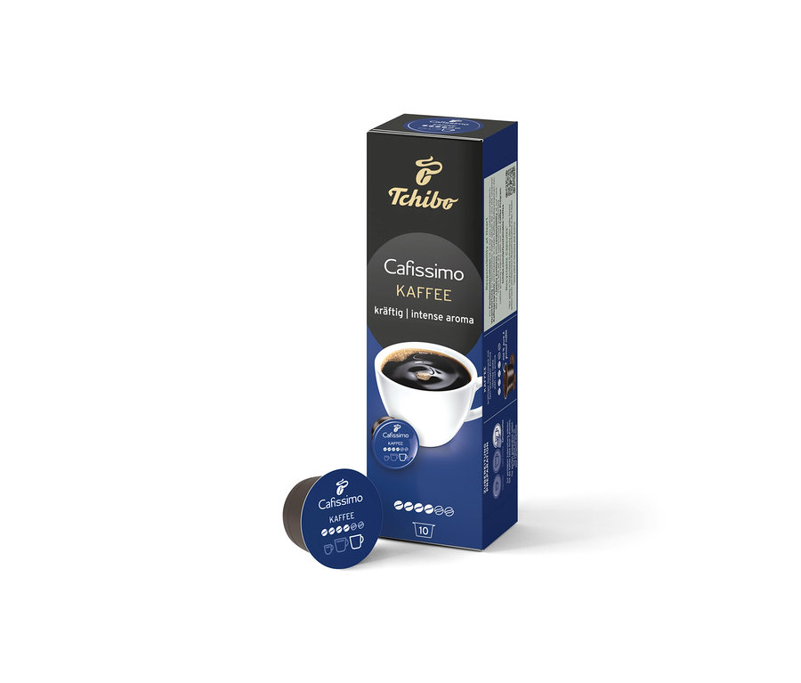 Egy doboz Cafissimo Kaffee kräftig és egy kapszula fehér háttér előtt.