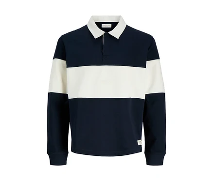 Jack&Jones Polo Sweater hosszú ujjú, tengerészkék és krémszínű vízszintes csíkokkal, fehér gallérral és kétgombos gomboláspánttal.