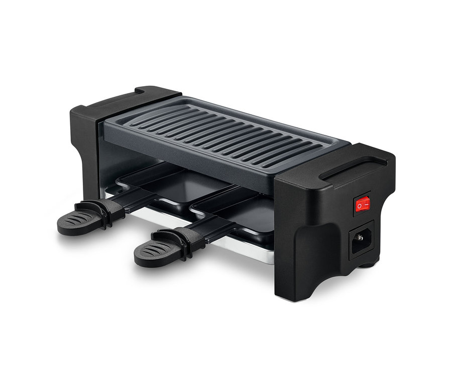 Fekete raclette grill két személy részére, bekapcsológombbal.