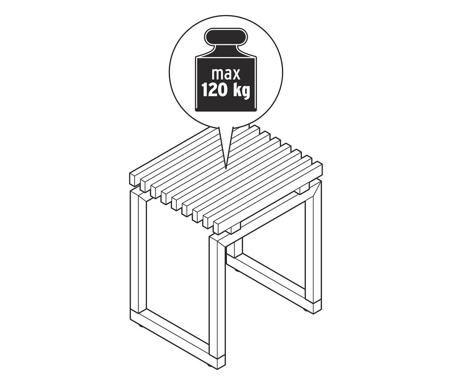 Egy fa zsámoly illusztrációja, maximum 120 kg terhelhetőséggel.