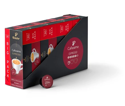 Egy csomag Espresso Intense - 120 db kávékapszula fekete csomagolásban, piros részletekkel.