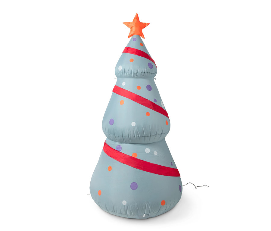 XXL LED-es felfújható karácsonyfa, piros szalaggal és színes pöttyökkel díszítve.