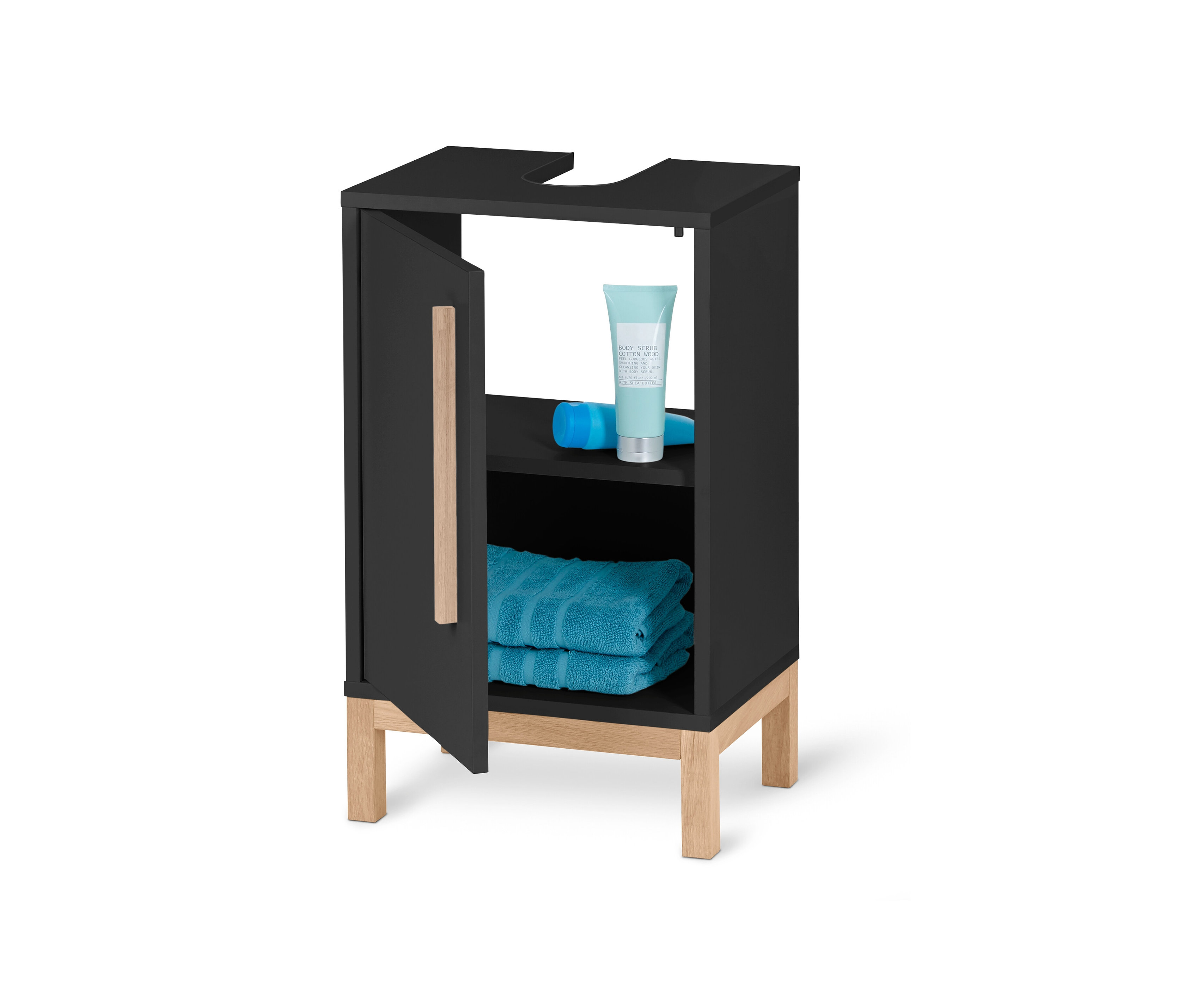 Antracit színű, egyajtós mosdó alatti szekrény, belül törölközőkkel és kozmetikumokkal.