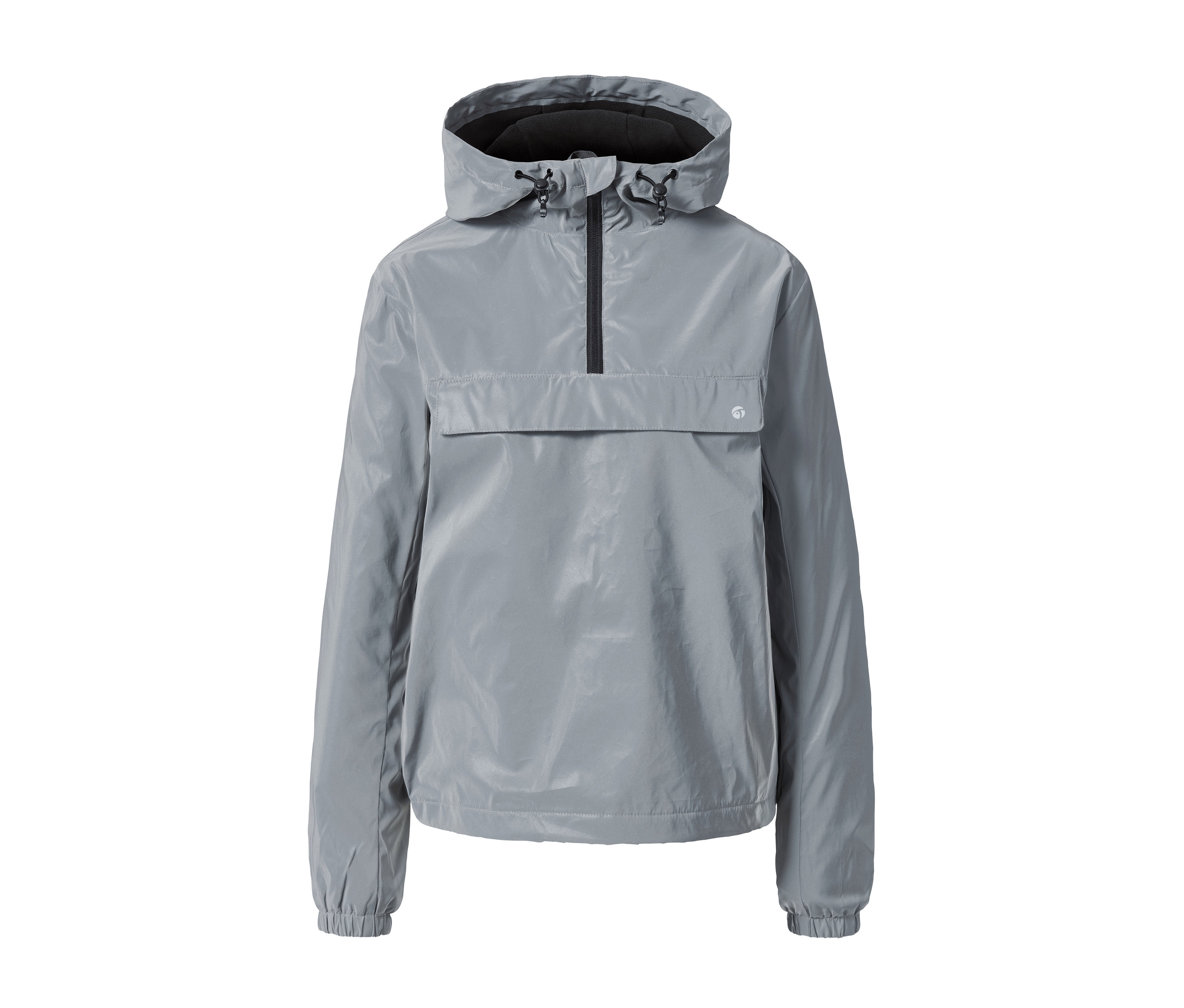 Szürke fényvisszaverő széldzseki kapucnival és fekete cipzárral.