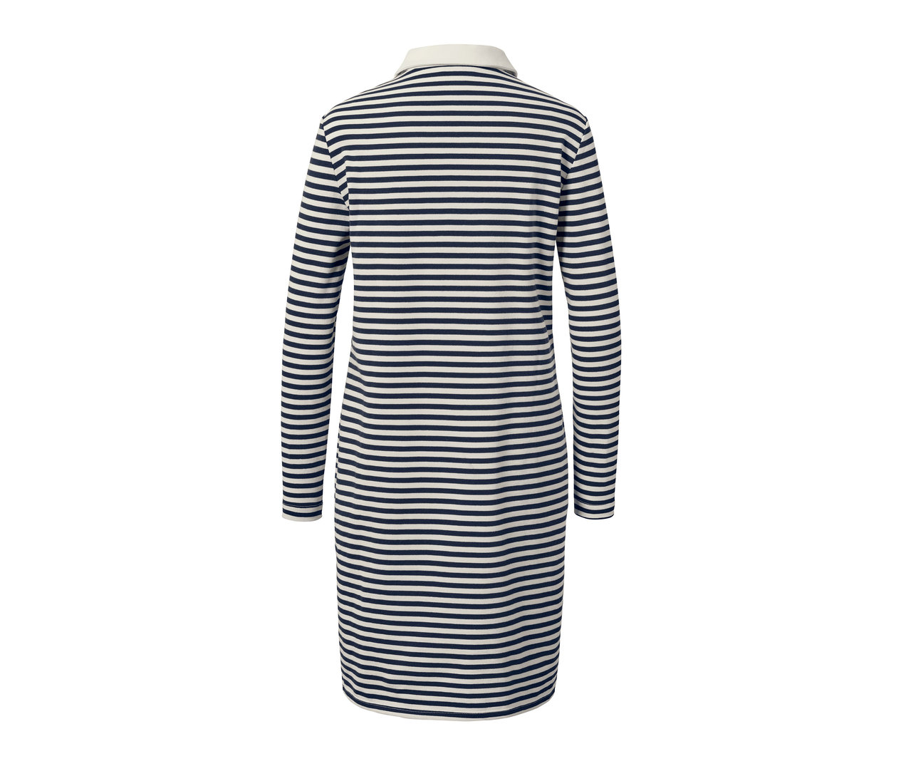 Női lezser, csíkos, krém/sötétkék ruha.