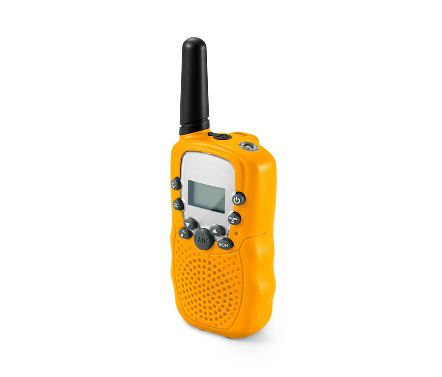 Egy sárga 2 walkie-talkie gyerekeknek szettben, fekete antennával.