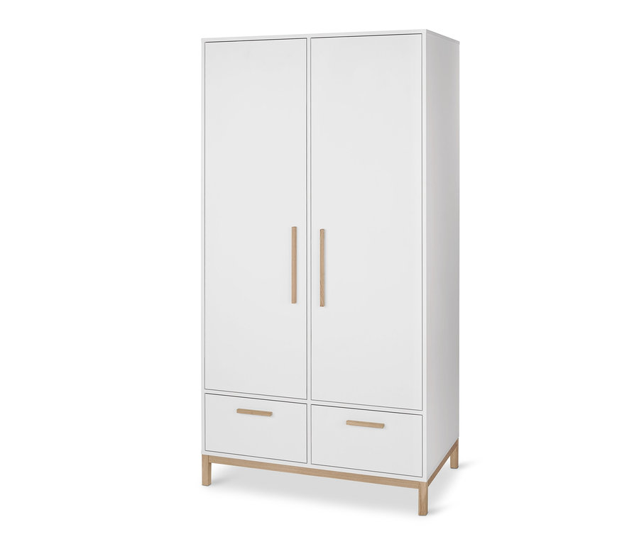 Fehér »Eklund« ruhásszekrény fiókokkal és fa részletekkel.