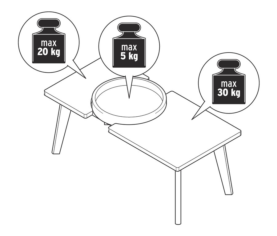 Állványon álló dohányzóasztal levehető tálcával, maximális terhelhetősége 20 kg, 5 kg és 30 kg.