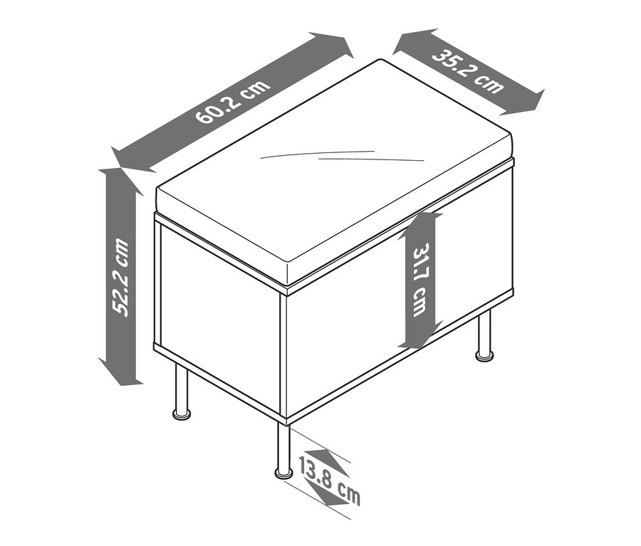 Ábra egy tárolóval ellátott pad látható kiemelt méretekkel.