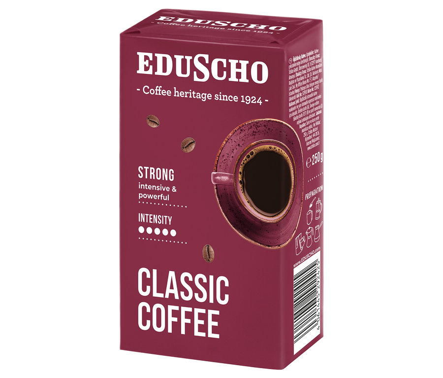 Egy csomag 250g-os Eduscho Classic Coffee Strong őrölt kávé.