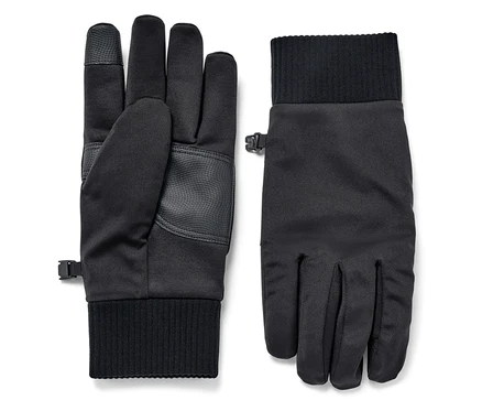 Két fekete softshell kesztyű egymás mellett.