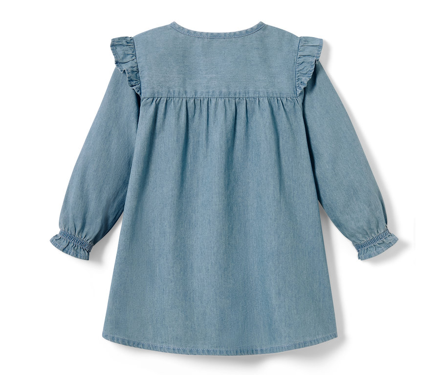 Kék farmerruha kislányoknak, hosszú ujjakkal és fodrokkal.