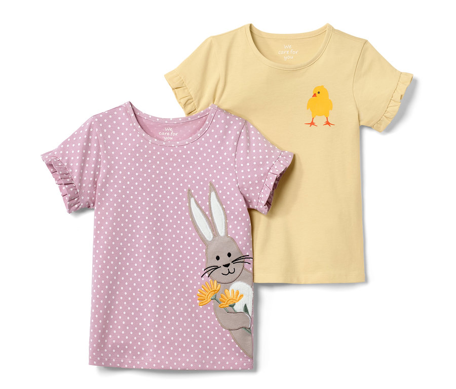 Két kislány póló: egy rózsaszín, pöttyös, nyuszis és egy sárga csibés.