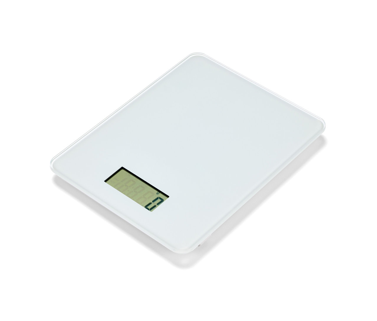 Egy fehér digitális konyhai mérleg.