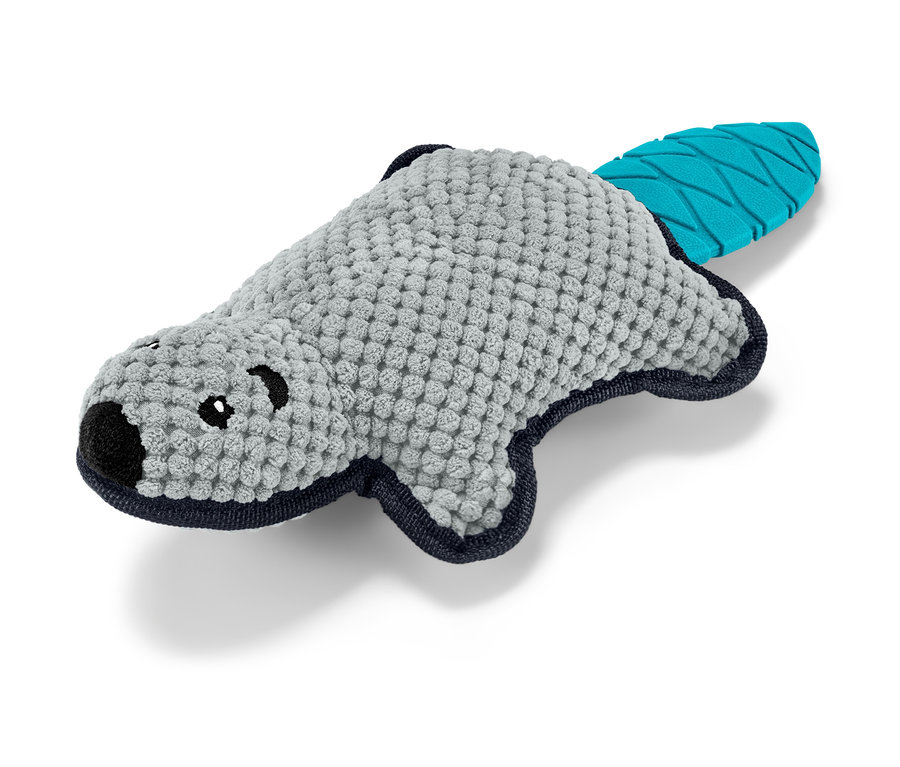 Plüss kutyajáték, hód fekszik egy fehér háttéren.