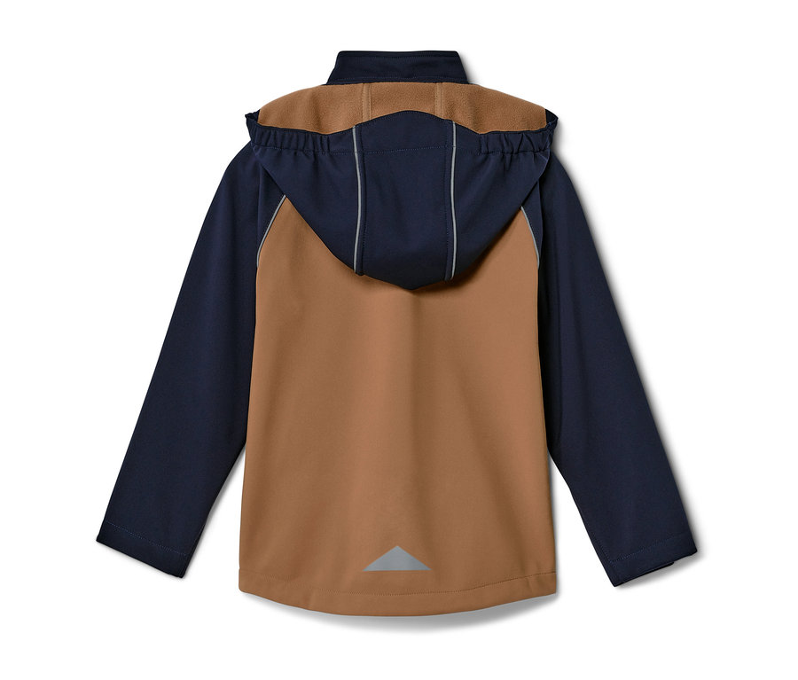 Hátulnézet egy barna és sötétkék színű, kapucnis gyerek softshell dzsekiről.